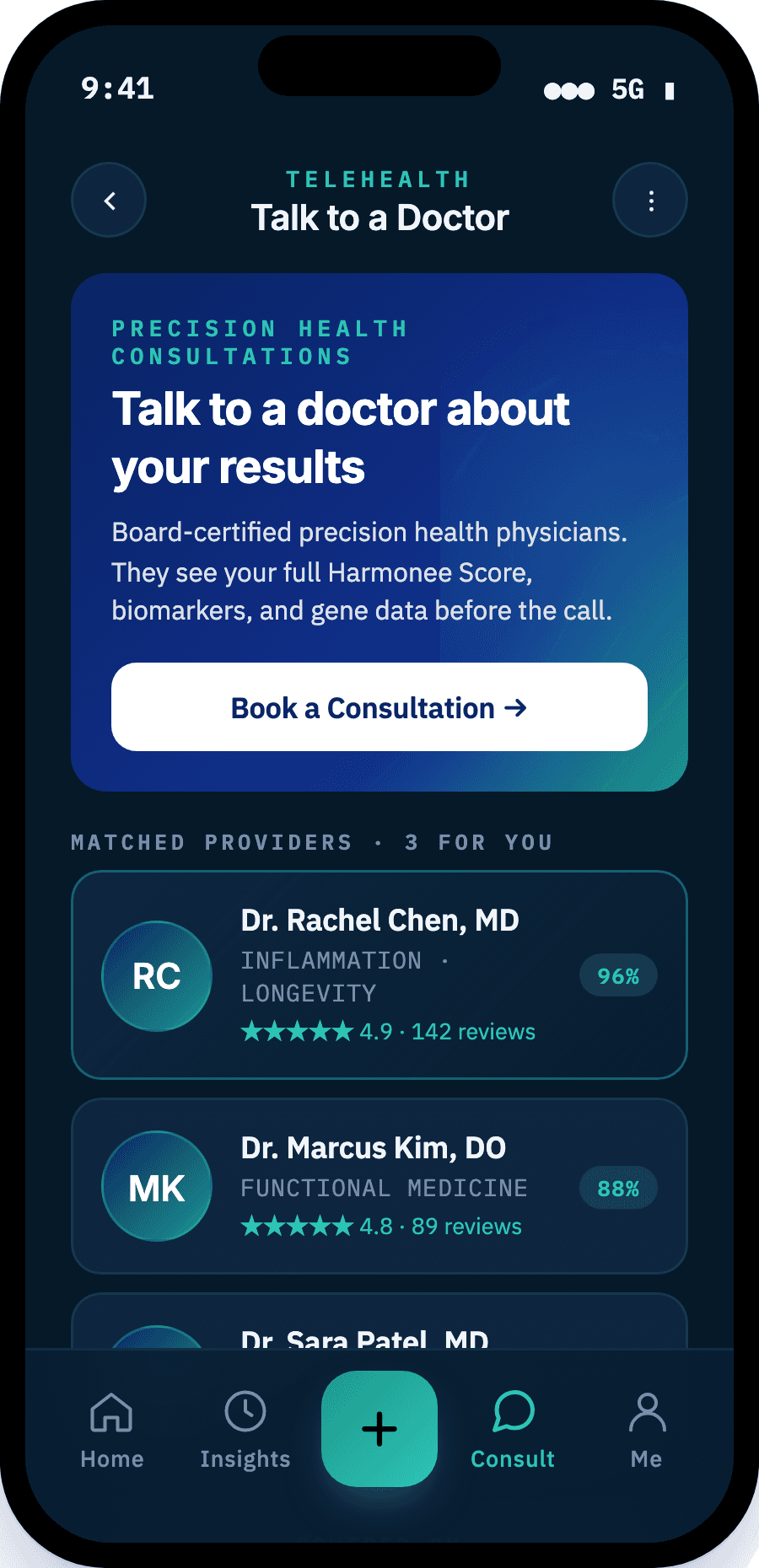 Talk to a doctor, telehealth built into the Harmonee app