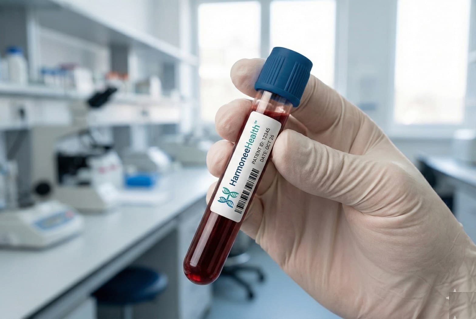 A gloved hand holding a Harmonee blood vial in an accredited lab