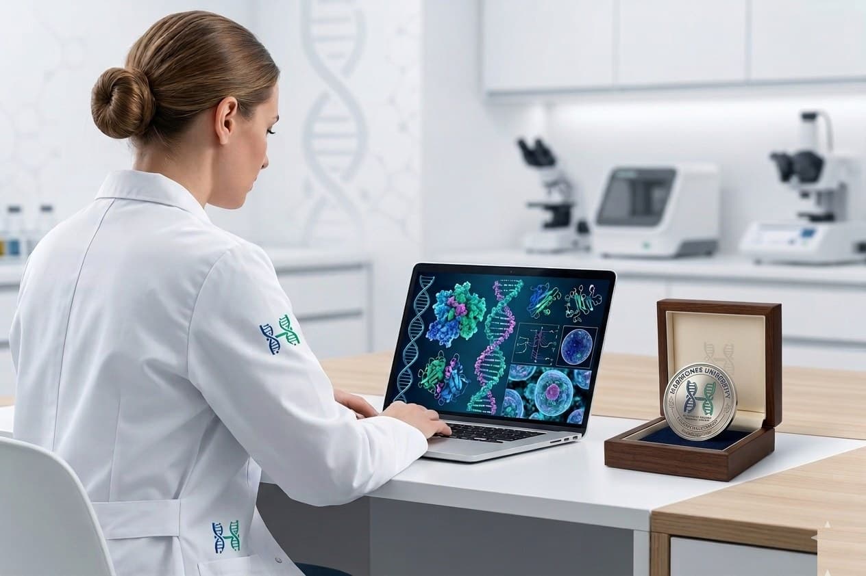 A scientist studying genomics on a laptop beside a Harmonee University award in a bright lab